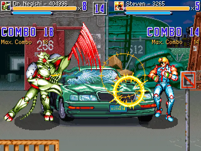 Clásico Bonus Stage de Neon Lightning Force donde se destruye un automóvil, muy característico de los Beat 'em up de Arcade