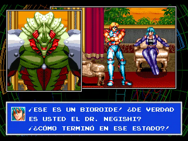 Escena de Introducción de Neon Lightning Force, el Dr. Negishi conoce a Isolda
