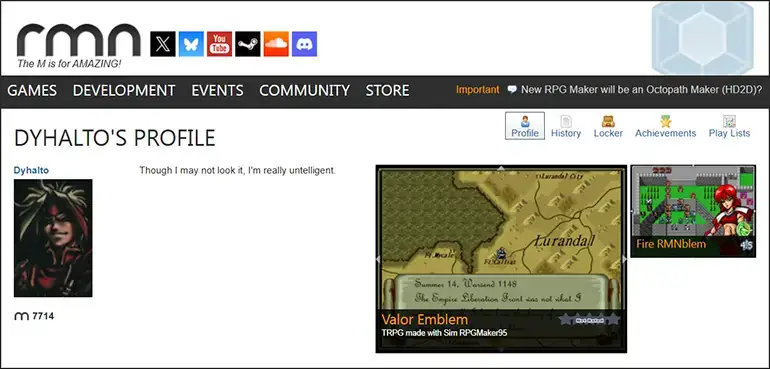 Perfil de Dyhalto en RPGmaker.net Se muestran sus dos proyectos destacados.
