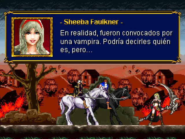 Sheeba Faulkner hablando con Ethan y Fran sobre los monstruos que asedian su aldea, es la introducción del Demo de Silver Night's Crusaders