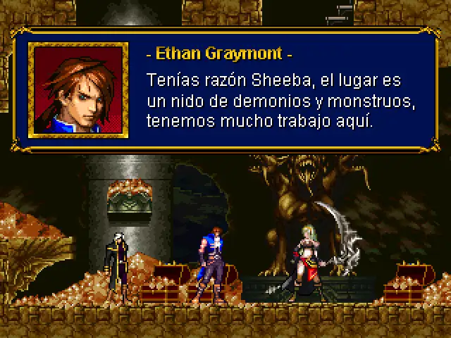 Ethan conversando con Sheeba tras derrotar al Cerbero.