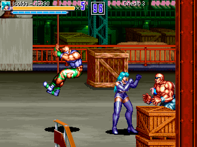 Updated warehouse in the slums area, showing background crates and Bryan descending with a rope.
