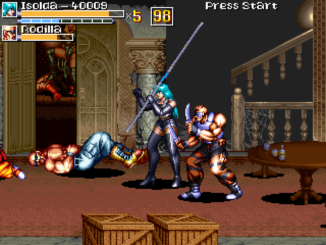 Isolda fighting criminals with an Expandable staff.