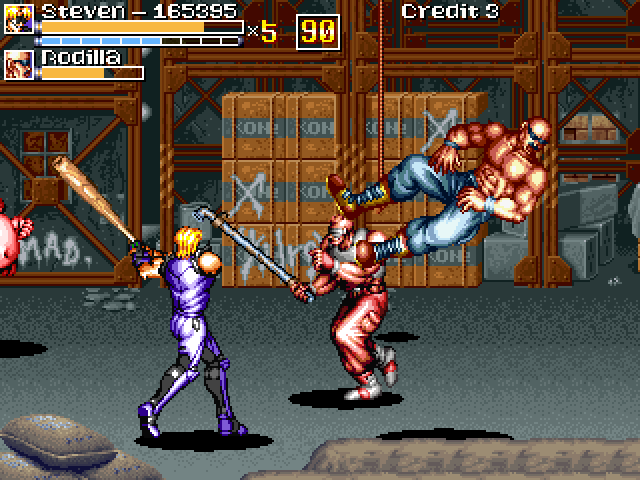 Steven hitting an enemy with a baseball bat in the Neon Lightning Force demo.