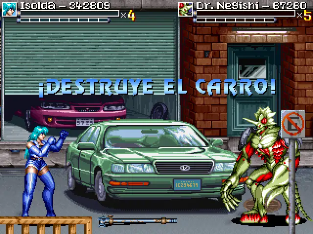 Isolda y Dr. Negishi en el Bonus Stage "Destruye el Carro" mejorado para la demo de Neon Lightning Force.